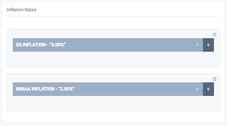 Screenshot of social security and IRMAA inflation tables in CREST Platform.