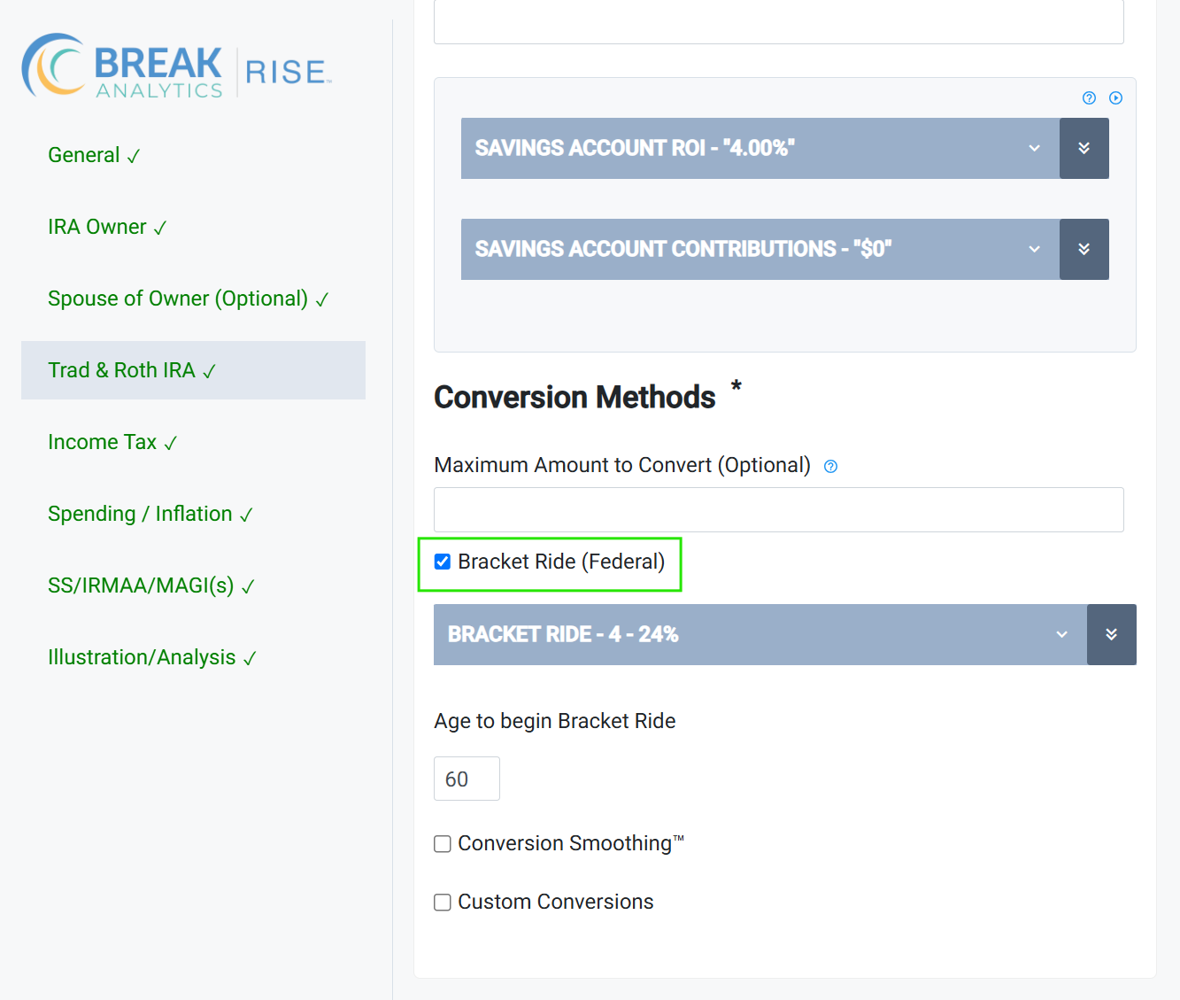 Conversion Methods showing Bracket Ride selected