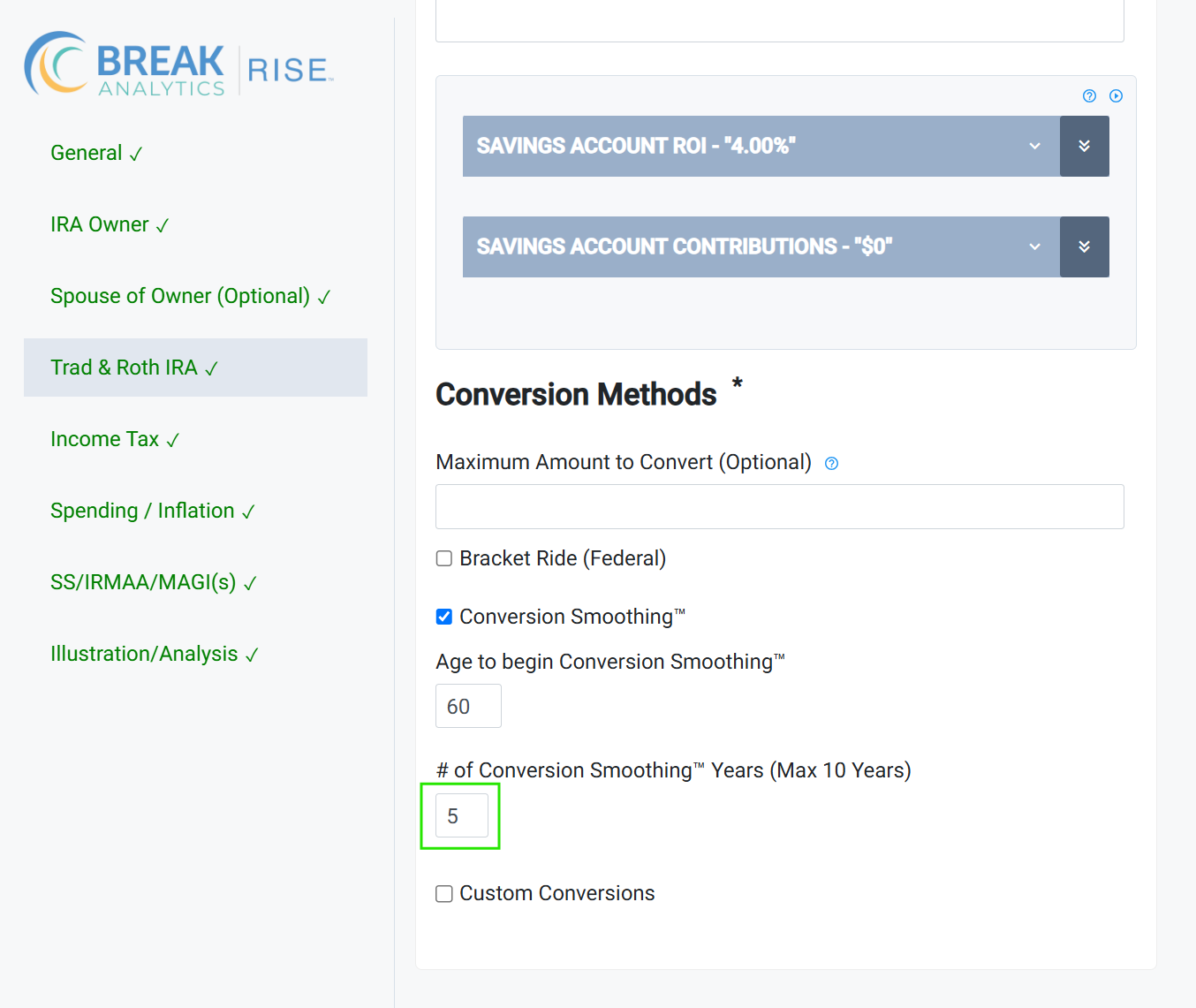 Conversion Methods showing Conversion Smoothing years field