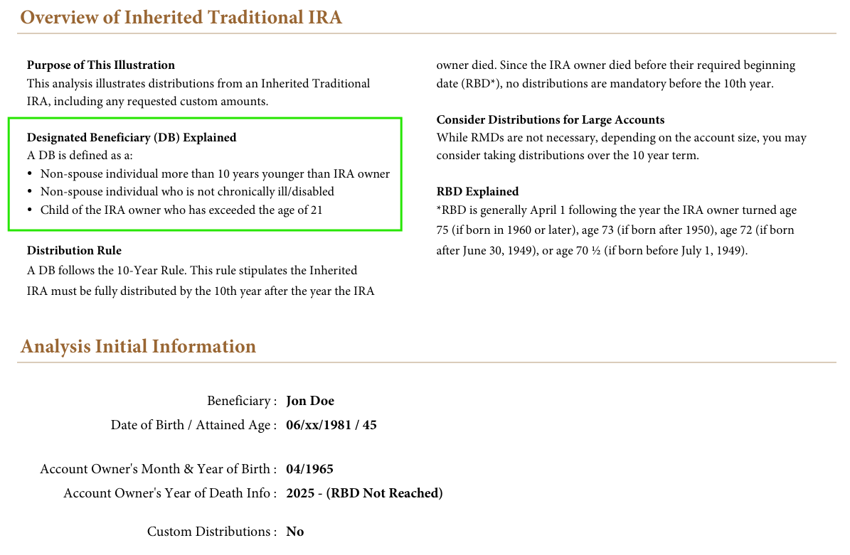 Page 3 showing Designated Beneficiary category and education for Jon Doe