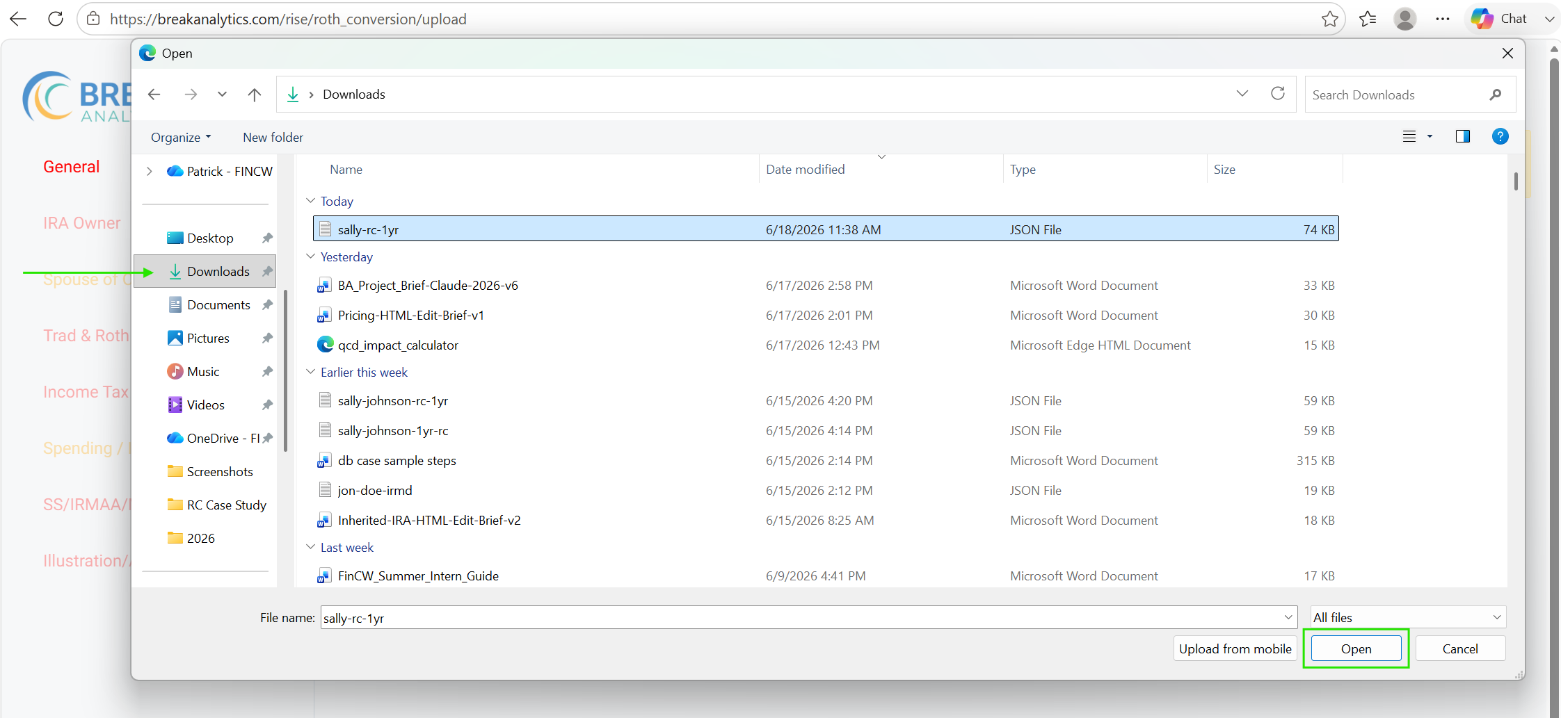 Open case file dialog showing downloaded file